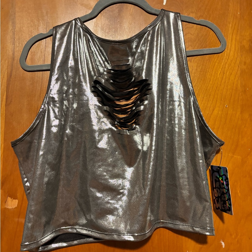 BNWT FREEDOM RAVE WEAR Slit Crop Top chrome silver size 2X